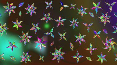 Retro tekstil tasarım koleksiyonu. El çizimi çiçek unsurları olan soyut çizim raster deseni. Yeşil ve kahverengi, yeşil ve kahverengi. 1950-1960 motifleri. Çiçekli ipek eşarp..