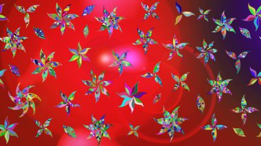 Sanattan esinlenilmiş, mor renkli çiçekler ve yapraklar. Raster deseni. Karalama çiçekleri çizim kalıbı. Kırmızı ve mor el çizimi desen.