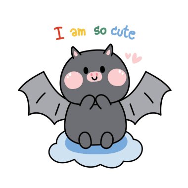 Şirin yarasa bulutların üzerinde oturuyor. Beyaz arka planda çok tatlı bir metinim. Komik hayvan karakteri çizimi..