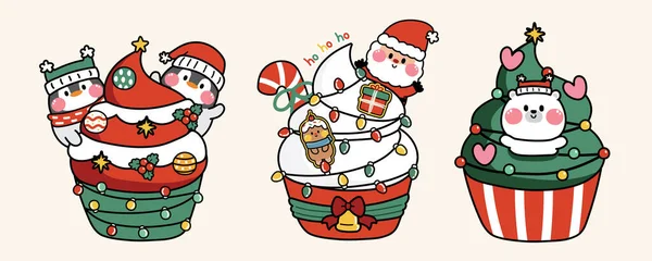 Set Von Niedlichen Cupcake Frohe Weihnachten Dekorieren Concept Dessert Und — Stockvektor