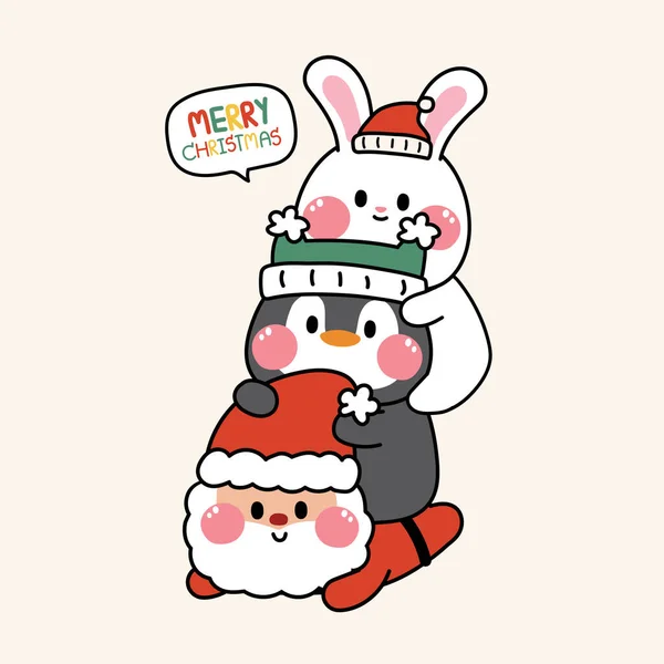 Cute Rabbit Penguin Stay Santa Claus Merry Christmas Text Funny — Stock Vector