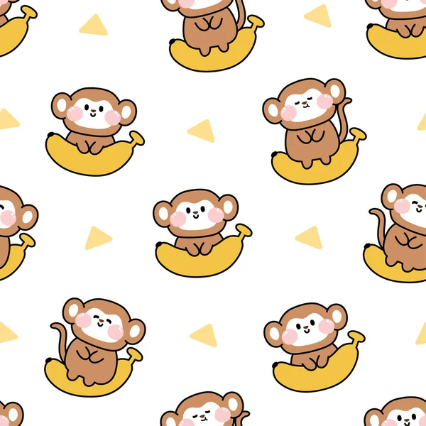 Bezešvé Vzor Roztomilé Opice Banánem Bílém Pozadí Divoké Zvíře Kreslený — Stockový vektor