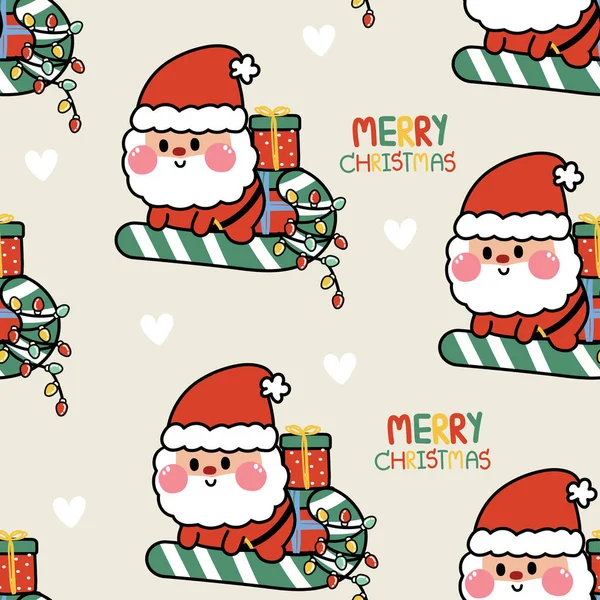 かわいいサンタさんのシームレスなパターンは キャンディーの上に座っている心の背景と光のクリスマスを飾る持っています キャラクター漫画のデザイン冬 — ストックベクタ