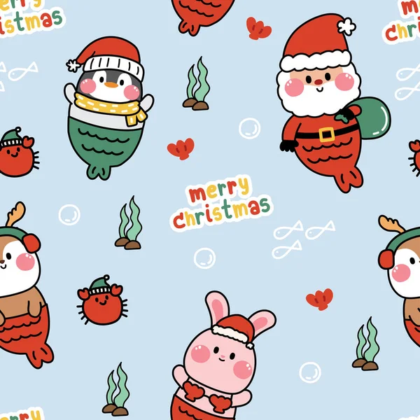 Seamless Pattern Cute Santa Claus Animal Mermaid Merry Christmas Concept — Stock Vector