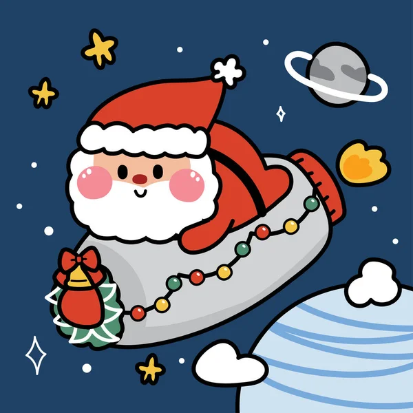 Cute Santa Claus Stay Rocket Space Background Merry Christmas Planet — Stock Vector