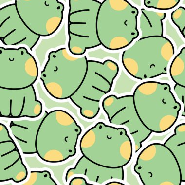 Gülücük yüzlü şirin kurbağa suratlının kusursuz deseni arka planda oturur. Hayvan karakteri çizgi film tasarımı. Kart, poster, bebek kıyafetleri için görüntü..