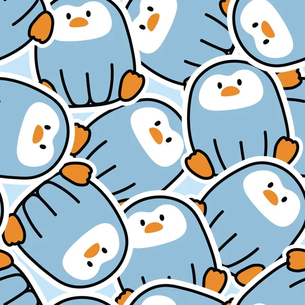 Patrón Sin Costuras Pingüino Lindo Sentarse Etiqueta Dibujos Animados Background — Archivo Imágenes Vectoriales