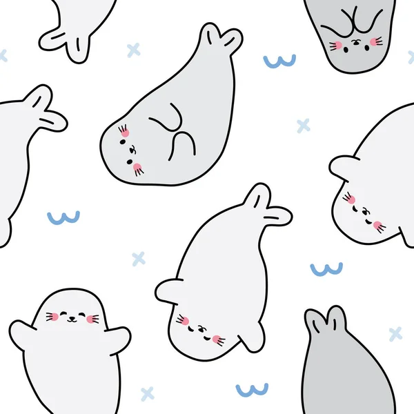 Naadloos Patroon Van Schattige Zeehonden Verschillende Poses Een Witte Achtergrond — Stockvector
