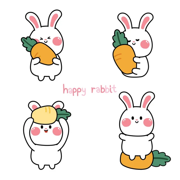Conjunto Conejo Lindo Con Zanahoria Varios Poses Happy Conejito Dibujado — Vector de stock