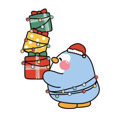Sevimli penguenler Noel Baba şapkalı hediye kutusu karikatürünü beyaz arka planda giyer. Hayvan karakteri çizimi. Mutlu Noeller..