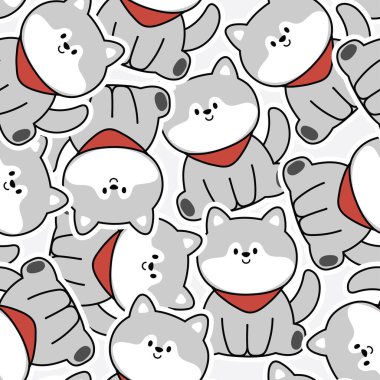 Şirin Sibirya 'nın kusursuz deseni köpek arka planında. Evcil hayvan karakteri çizgi film tasarımları. Çocuk grafik tasarımı el çizimi. Kawaii.Vector..