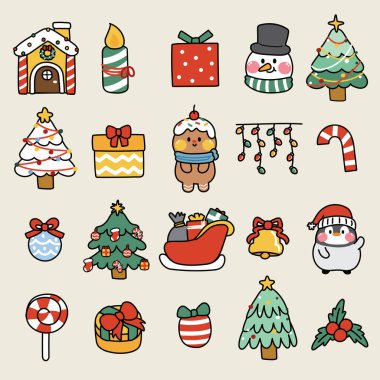 Noel ve kış konseptindeki sevimli ikonlar. Çizgi film karakteri koleksiyonu. Ev, hediye kutusu, kardan adam, ağaç, şeker, zencefilli ekmek, penguen eli çizimi..