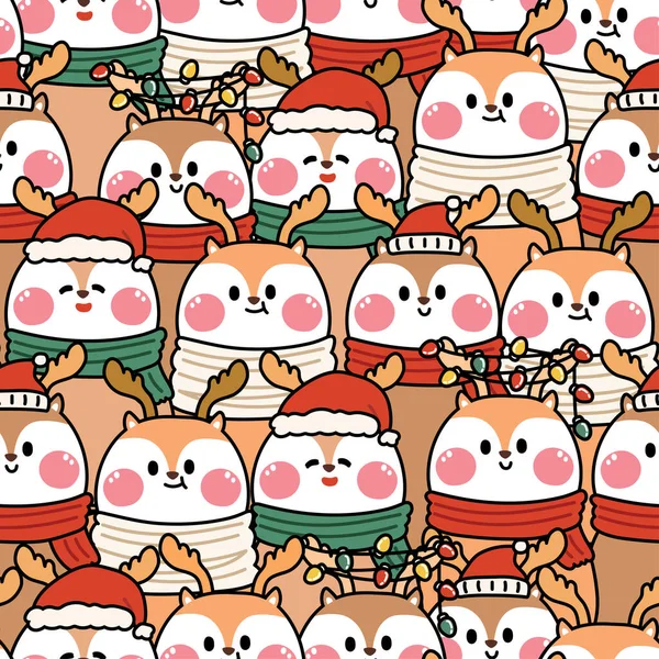 Repeat Seamless Pattern Cute Deer Wear Santa Claus Hat Background — Stock Vector