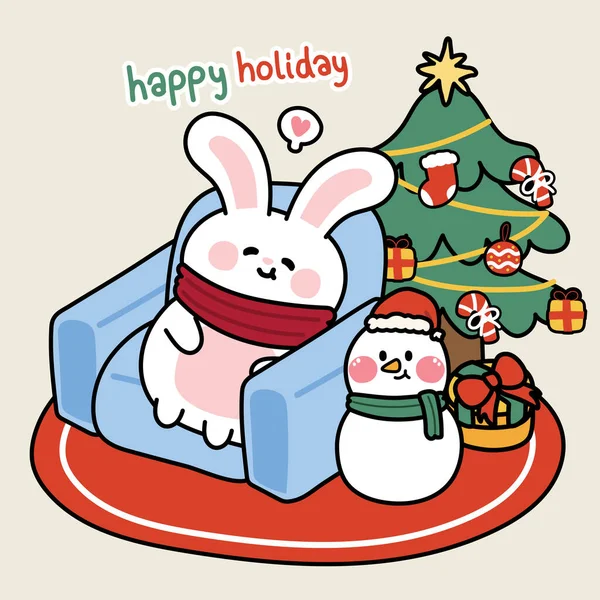 Симпатичный Кролик Отдыхает Диване Праздник Елкой Снегурочкой — стоковый вектор