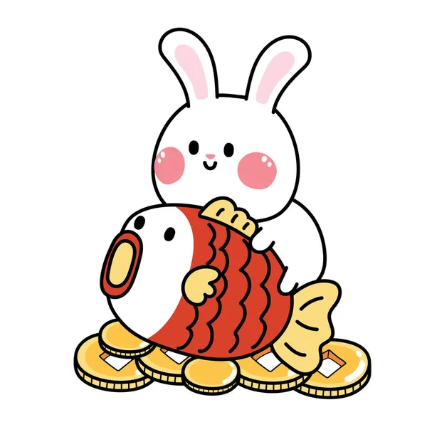 2023 Cute Rabbit Stay Fish Gold Money Background Animal Character - Stok Vektor