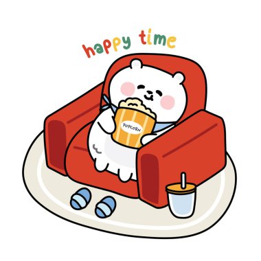 Cute cola bear hold popcorn stay on red sofa.Funny animal character cartoon design.Kid graphic design.Holiday.Relax.Isolated.Kawaii.Vector.Illustration. clipart