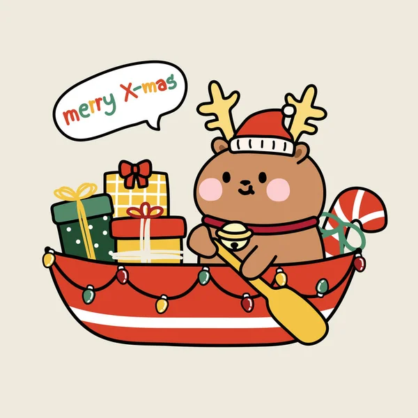 Χαριτωμένο Ελάφι Φορούν Santa Claus Διαμονή Στο Σκάφος Κουτί Δώρου — Διανυσματικό Αρχείο