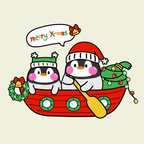 Niedlichen Pinguin Tragen Weihnachtsmann Aufenthalt Auf Dem Boot Mit Geschenktüte — Stockvektor