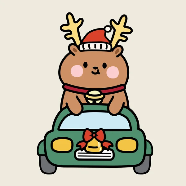 Bonito Veado Desgaste Santa Hat Drive Car Animal Desenho Animado — Vetor de Stock