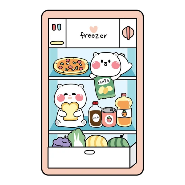 Netter Bär Kühlschrank Mit Lebensmitteln Und Getränken Cartoon Animal Charakter — Stockvektor