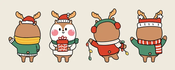 様々な場所で鹿の後ろにかわいいのセット メリークリスマスのコンセプト 動物のキャラクター漫画のデザインコレクション冬 — ストックベクタ