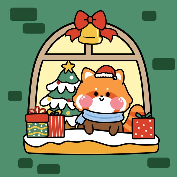 Bonito Panda Vermelho Ficar Roon Open Window Christmas Árvore Gift — Vetor de Stock