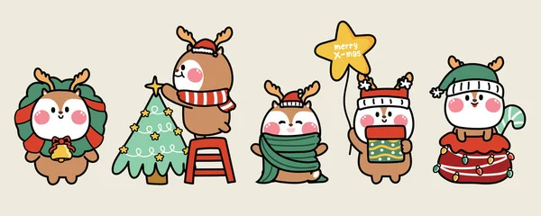Conjunto Ciervos Lindos Usan Sombrero Santa Varios Poses Merry Navidad — Vector de stock