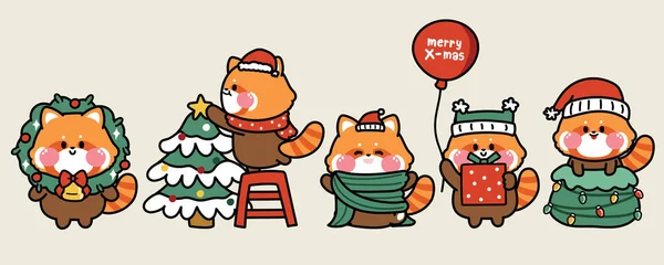 Set Von Niedlichen Roten Panda Tragen Weihnachtsmann Hut Verschiedenen Poses — Stockvektor