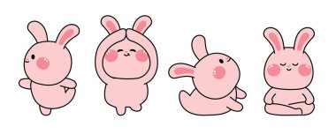 Çeşitli yoga pozisyonlarında sevimli hayvanlar. Tavşan meditasyonu koleksiyonu. Çizim el çizimi. Kart için resim, çıkartma..