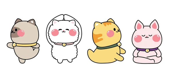 各种瑜伽姿势中的一组可爱的宠物 猫冥想集 动物漫画手绘 贴纸的图像 — 图库矢量图片