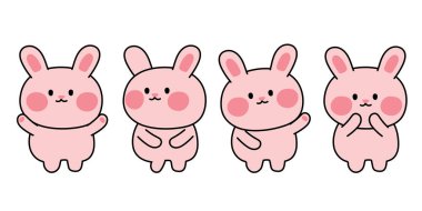 Beyaz arka planda bir dizi şirin pembe tavşan. Hayvan karakteri çizimi. Kart, poster, çıkartma için resim. Kawaii.Vector.Illustration.