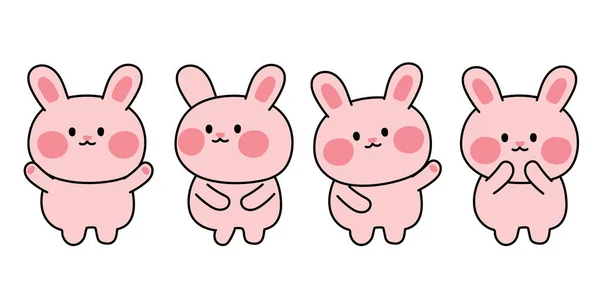 Set Cute Pink Rabbit Various Poses White Background Animal Character — Stock Vector