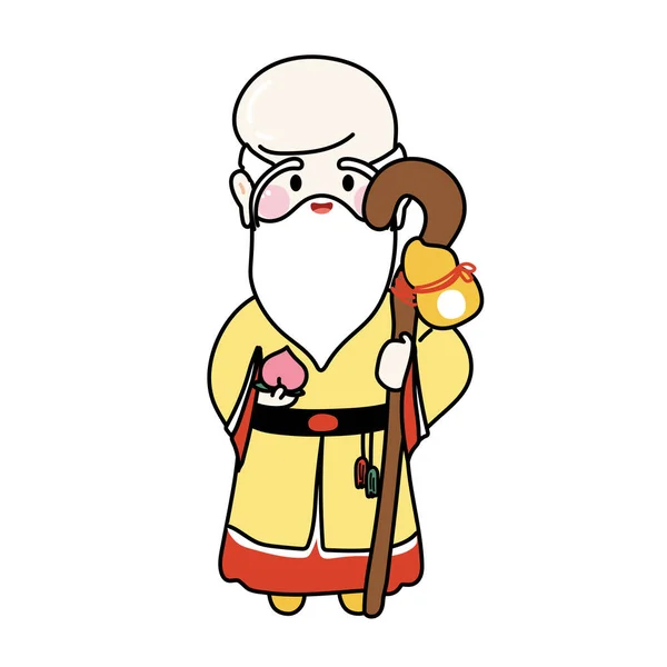 中国神像站着拿着石灰棒和桃子 可爱的卡通人物手绘风格 Kawaii Vector Illustration — 图库矢量图片