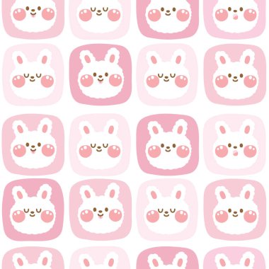 Beyaz arka planda pembe çerçeveli şirin tavşan yüzünün kusursuz deseni. Doğu. Pastel. Hayvan karakteri çizimi. Tavşan eli çizilmiş..