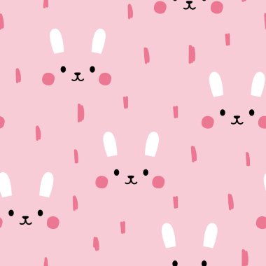 Pembe arka planda kusursuz şirin yüz tavşanı deseni. Doğu karikatürü. Hayvan eli çizilmiş. Çocuk grafik stili. Pastel..