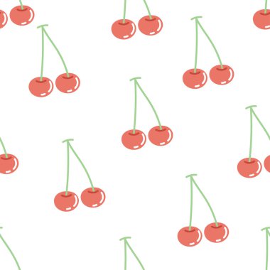 Beyaz arka planda çizilmiş, kusursuz kirazlı el deseni. Meyveli el çizilmiş. Kawaii.İzole. İllüstrasyon..
