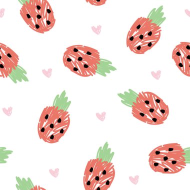 Beyaz arka plana kalbi çizilmiş kusursuz bir çilek deseni. Bedava el kalemi. Meyve. Kawai Vector. Görüntü:.