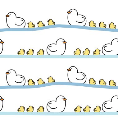 Güzel ördek ve ördek yavrusunun kusursuz deseni. Beyaz arka plan. Çiftlik hayvanı karakteri çizimi. El çizimi..