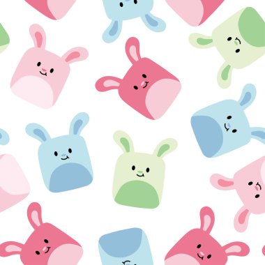 Renkli beyaz arka planda sevimli tavşanın kusursuz deseni. Doğuda. Hayvan karakteri çizimi. Kart, poster, bebek kıyafetleri için görüntü..