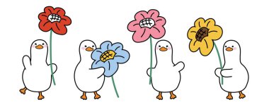 Set of cute duck hold big flower on white background.Farm animal character in various poses  cartoon design collection.Spring.Kawaii.Vector.Illustration.