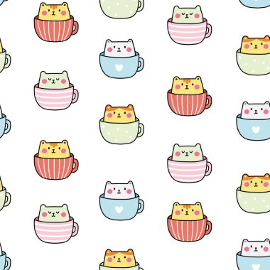 Seamless pattern of cute cat in cup cartoon on white background.Meow hand drawn.Pet character design.Kawaii.Vector.Illustration.