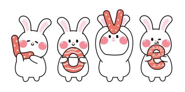 Valentine concept.Set of cute rabbit hold love text stand on white background.Animal hand drawn collection.Bunny cartoon.Sweet.Kawaii.Vector.Illustration.