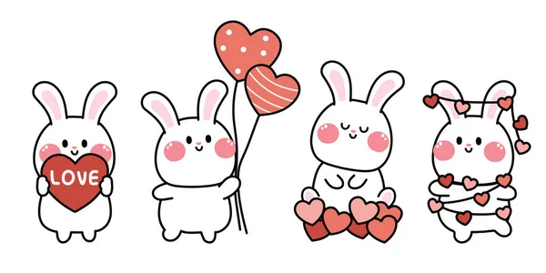 День Святого Валентина Набор Симпатичных Кроликов Сердцем Разных Позах — стоковый вектор