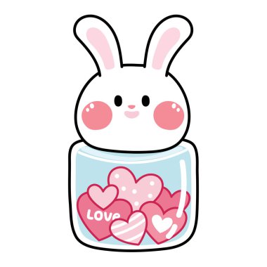 Cute rabbit head jar have heart candy inside on white backgorund.Animal character cartoon desing.Valentines day.Love text.Kawaii.Vector.Illustration.