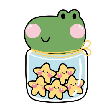 Cute smile crocodile head jar have star candy inside.Wild animal face cartoon hand drawn.Sweet and dessert.Isolated.Kawaii.Vector.Illustration.