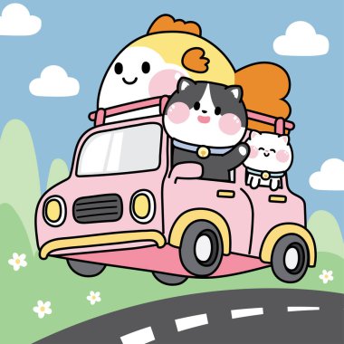 Cute cat drive car with big fish on road background.Pet charater design.Animal cartoon hand drawn.Meow lover.Trip.Travel.Kawaii.Vector.Illustration.