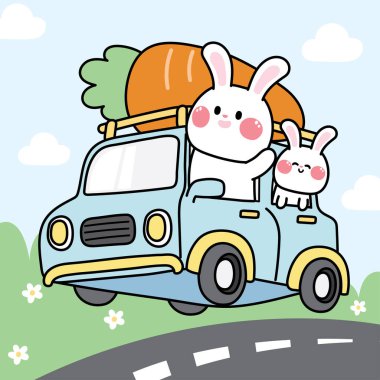 Cute rabbit drive car with big carrot on the road background.Animal character design.Easter day.Bunny hand drawn.Kawaii.Vector.Illustration.
