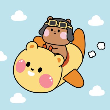Cute bear flying in airplane on white background.Pilot teddy cartoon.Kid gaphic design.Helicopter.Sky transportation.Kawaii.Vector.Illustration.