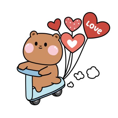 Cute bear riding blue scooter with heart balloon.Teddy hand drawn.Animal character design.Valentines day.Love text.Kawaii.Vector.Illustration.