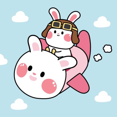 Cute rabbit flying in airplane on white backgorund.Pilot bunny cartoon.Kid gaphic design.Helicopter.Sky transportation.Kawaii.Vector.Illustration.